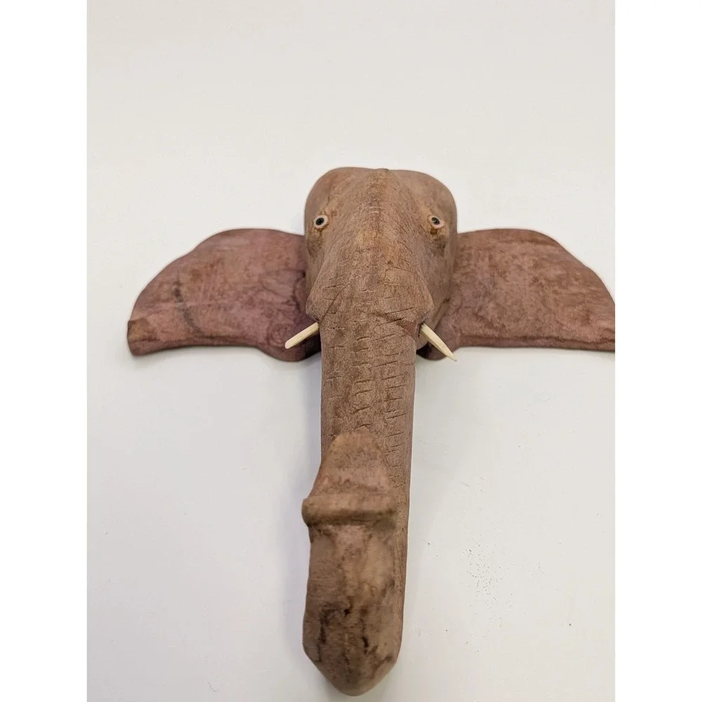Vintage Hand Carved Wood Elephant Head Wall Decor Key Hook Holder India